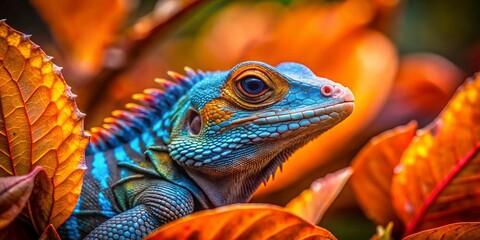 Obraz premium Vibrant Blue & Orange Lizard on Colorful Leaves - Long Exposure Wildlife Stock Photo