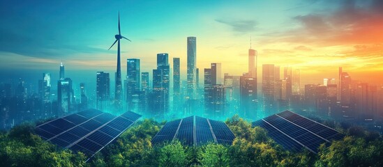 Fototapeta premium Futuristic sustainable cityscape with modern skyscrapers wind turbines solar panels and a vibrant sunset skyline showcasing a vision of a green