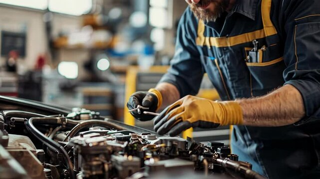 An auto mechanic works diligently on a car engine, using specialized tools and skills to repair and maintain various engine components in a bustling workshop environment.