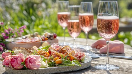 Delicious Ros&eacute; Wine Picnic with Appetizers and Pink Roses