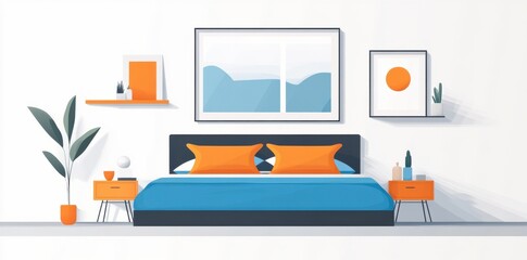 Modern bedroom with minimalist furniture and bright accents in a cozy flat design
