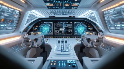 Modern futuristic spaceship cockpit with advanced technology and glowing instrument panels