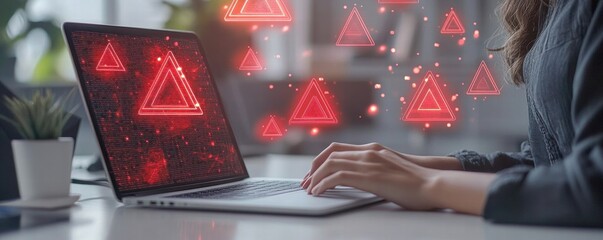 Woman working on laptop showing red illuminated triangular warning symbols