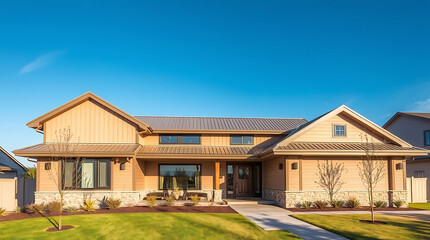 Luxury Modern Ranch House Exterior: Dream Home Design, Perfect for Families.  Spacious, Stylish, and Elegant Home with Modern Architecture and Landscaping