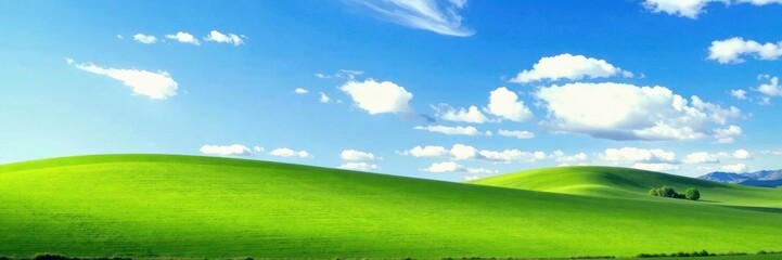 Rolling hills of emerald grass under a vast, clear blue sky dotted with cumulus clouds , scenic, blue