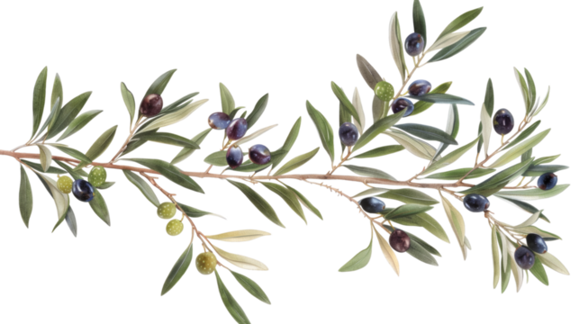 An olive branch with ripe black and green olives, isolated on a white background - Powered by Adobe