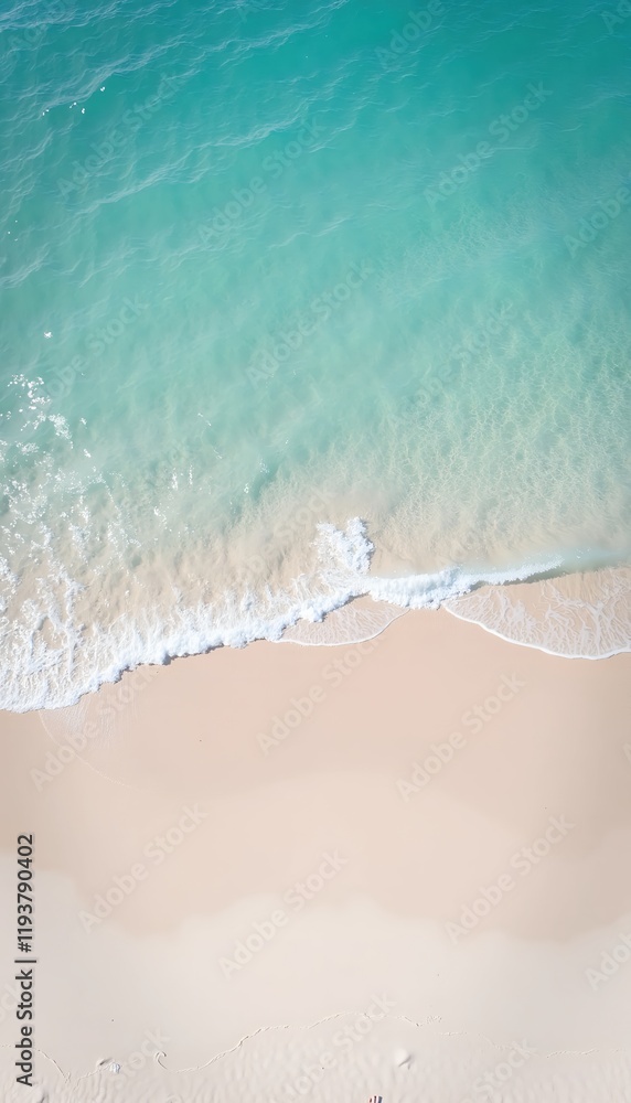 Poster aerial view of turquoise ocean waves gently lapping a pristine sandy beach. serenity and tranquility