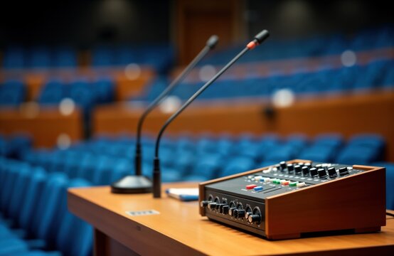 Conference booth in hall with microphones, audio board. Empty space at desk. Equipment for interpreting, translating. Interior of conference hall. Wooden desk with audio tech. Conference hall with