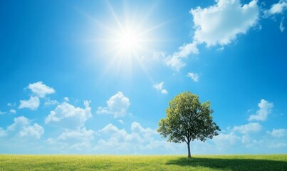 Obraz premium A lone tree standing tall in a vast open field under a bright sunny sky, sunlight, field, open space, nature