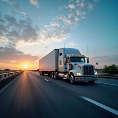 Empty highway at dawn. Large transport truck moves smoothly. Speed, efficiency are key. Sunrise illuminates road. Reliable transportation. Early morning hustle. Modern logistics. Efficient delivery.
