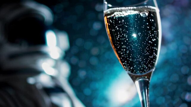 An astronaut toasting with a glass of sparkling champagne against a stunning cosmic backdrop, symbolizing celebration, exploration, and the limitless possibilities of the universe.