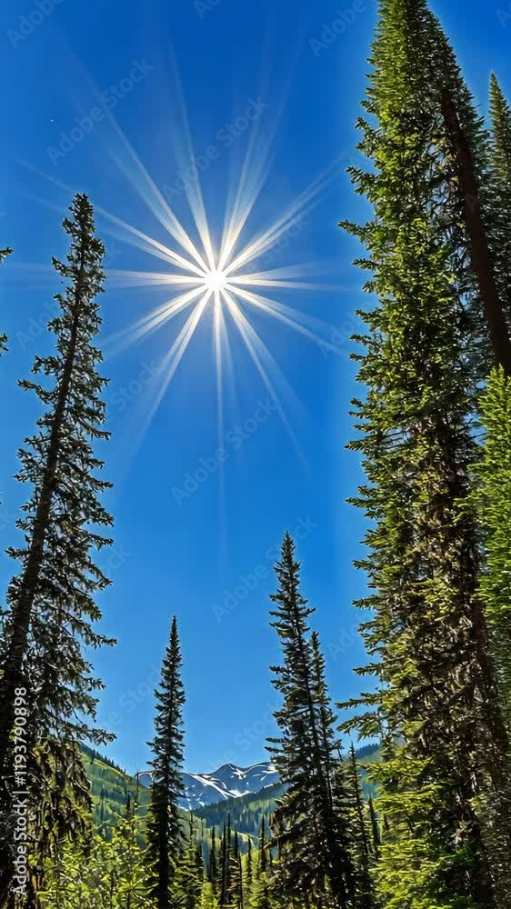 Poster sunlight filters through tall evergreen trees in a serene forest setting on a clear day