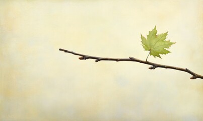 Obraz premium A delicate green maple leaf clings to a thin bare branch as the seasons transition , natural scenery, tree branch, seasonal changes.