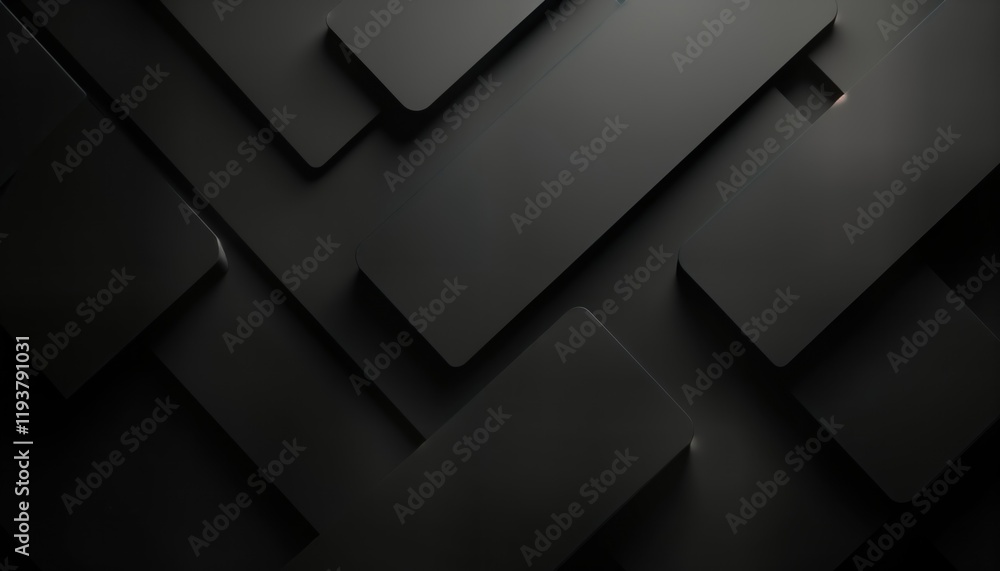 Poster Abstract 3D black shapes create intricate symmetrical pattern. Geometric forms interlock in dynamic composition. Dark, stylish design with modern aesthetics. Realistic render depth, shadow. Intricate