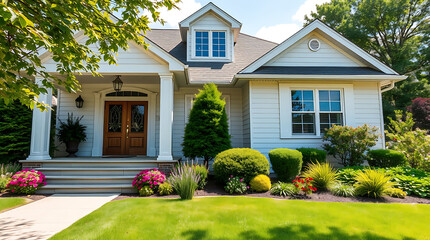 Fototapeta premium Luxury Suburban Home Exterior: Modern Architectural Design with Landscaped Garden