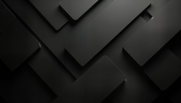 Abstract 3D black shapes create intricate symmetrical pattern. Geometric forms interlock in dynamic composition. Dark, stylish design with modern aesthetics. Realistic render depth, shadow. Intricate