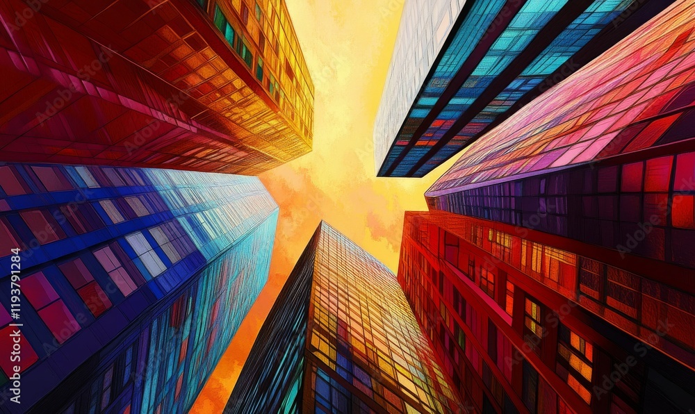 Poster a low-angle view of a modern office building with colorful windows