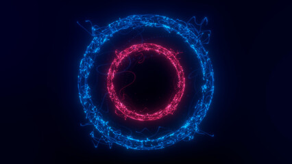 Glowing animated abstract flying cybertech energy sphere with red and blue parts. Moving wave of shine particles .Business, technology, science, magic background of particles wave