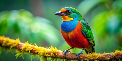 Fototapeta premium Vibrant Jungle Bird Perched on Branch - Colorful Wildlife Stock Photo