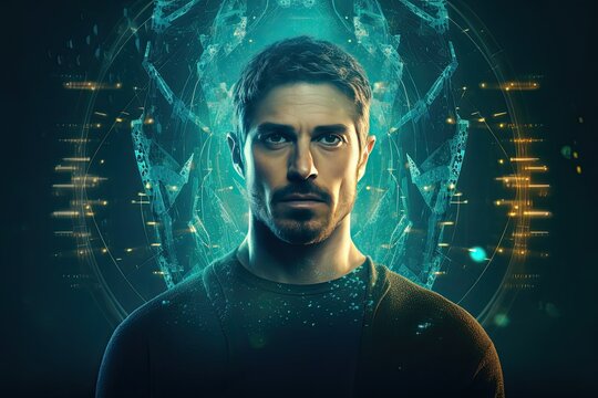 Man DNA genetic of human on virtual interface, communication with ai concept