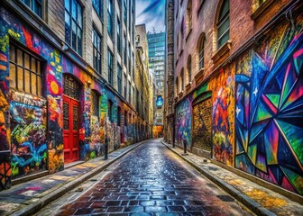Fototapeta premium Vibrant Melbourne Street Art: Red & Blue Graffiti on Hosier Lane - Stock Photo
