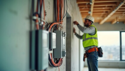 Construction workers install electrical wiring in commercial building. Men at work on site installing power lines. Commercial building project progresses. Workers wear safety equipment. Electrical