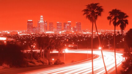 Fototapeta premium Vibrant Red Night Cityscape Los Angeles Skyline Freeway Traffic Lights