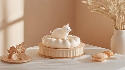 Adorable Kitten on Cake Stand Minimalist 3D Render