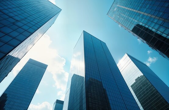 Modern glass office buildings rise against clear sky. Sunlight reflects on skyscraper facades. Cityscapes show urban architecture. High-rise buildings form business center. Contemporary design