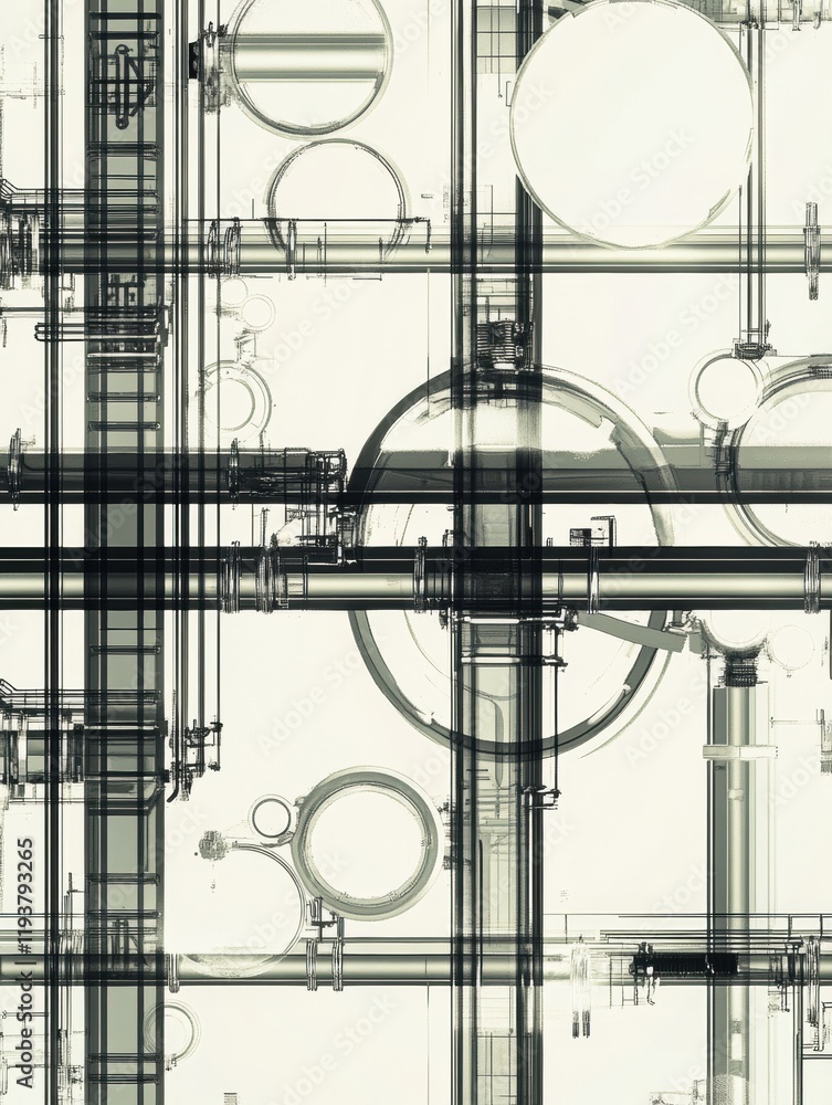 Poster Geometric industrial pattern showcasing oil tanks, pipes and rigs in a complex network design. Generative AI