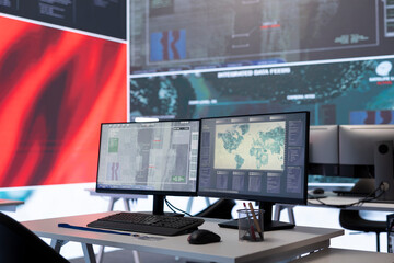 Fototapeta premium Empty chinese military base of operations working on spreading fake news and war propaganda for communism ideology. Army command post employing big data and high tech gear.