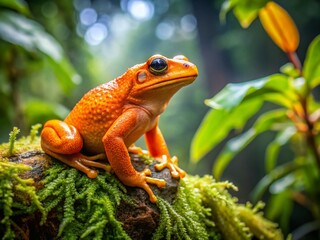 Vibrant Orange Spiky Frog on Mossy Branch in Rainforest - Long Exposure Stock Photo