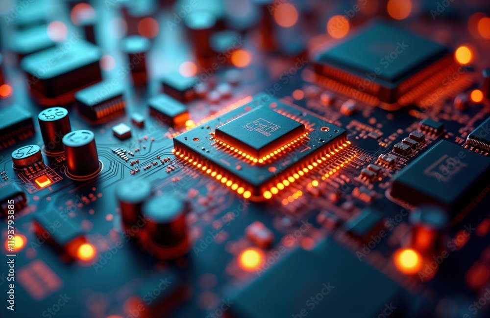 Poster Close-up view of futuristic circuit board. Integrated circuits glow with orange light. Complex electronic components visible. Modern tech design. High-tech motherboard. Computer hardware. Abstract