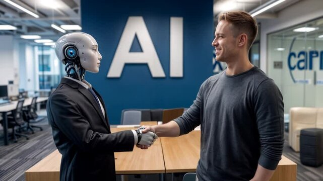 a human hand shaking with a droid robot in front of a modern and minimalist software office. 