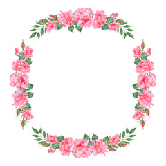 Watercolor illustration frame of pink roses. Hand painted watercolor illustration of a frame of pink roses. Ideas for weddings, birthdays, children's parties.