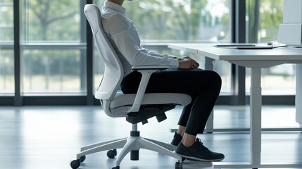 A bright and modern office space featuring a worker sitting upright on an ergonomic chair, maintaining perfect posture