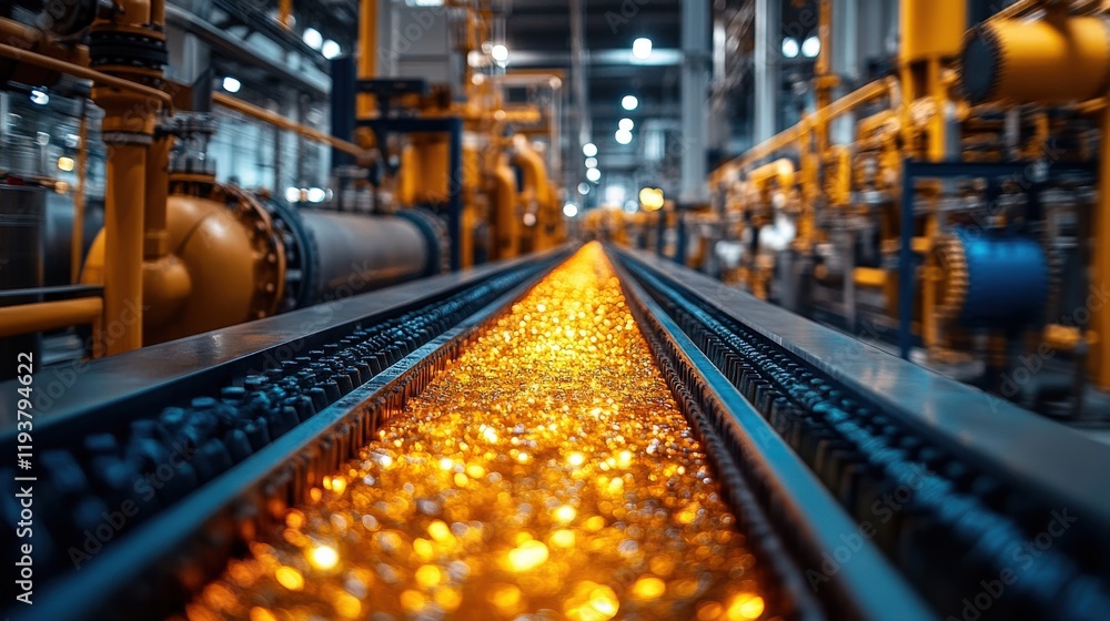 Aufkleber industrial conveyor belt carrying glowing amber substance in a factory setting with machines and equ
