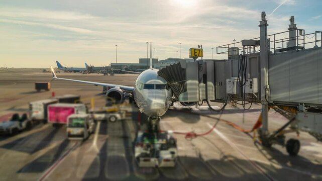 Time Lapse of Airplane Loading at Airport Terminal Gate Before Taxi and Takeoff