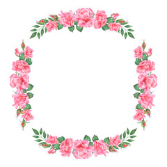 Watercolor illustration frame of pink roses. Hand painted watercolor illustration of a frame of pink roses. Ideas for weddings, birthdays, children's parties.