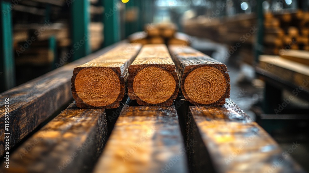 Poster close-up view of freshly cut wooden logs stacked in a lumber yard with soft natural lighting highlig