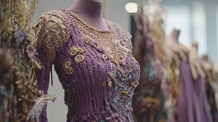 Obraz premium Intricate Knitted Textile Art Fashion Design Purple Dress Mannequin
