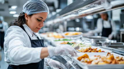 A cafeteria staff member wearing a hairnet and gloves as they serve food on a buffet line