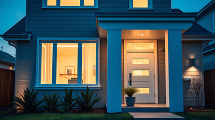 Modern Home Exterior at Night: Warm Lighting and Inviting Design. Real Estate Photography showcasing contemporary architecture, landscaping, and tranquil ambiance of a beautiful house at night.