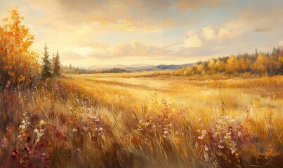 Fototapeta premium A golden light-filled field of tall grasses and wildflowers on a warm autumn day, field landscape, fall colors