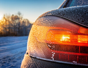 Close up of back light on a car covered with frost on a cold winter morning