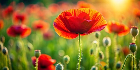 Obraz premium Vibrant Red Poppy Field Summer Bloom, Wildflower Meadow, Nature Photography