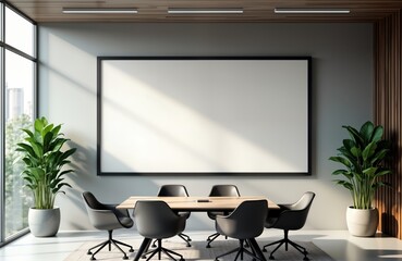 Modern meeting room interior features blank screen display ideal for presentations. Empty chairs, table suitable for business meeting. Natural light streams through large windows. Plants add touch of