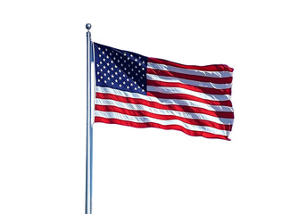 Obraz premium American Flag Waves on a Clear Blue Sky with Fluffy Clouds, Isolated on Transparent Background