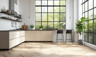 A sleek modern kitchen interior with a herringbone floor, beige cabinetry, and daylight coming from large windows.