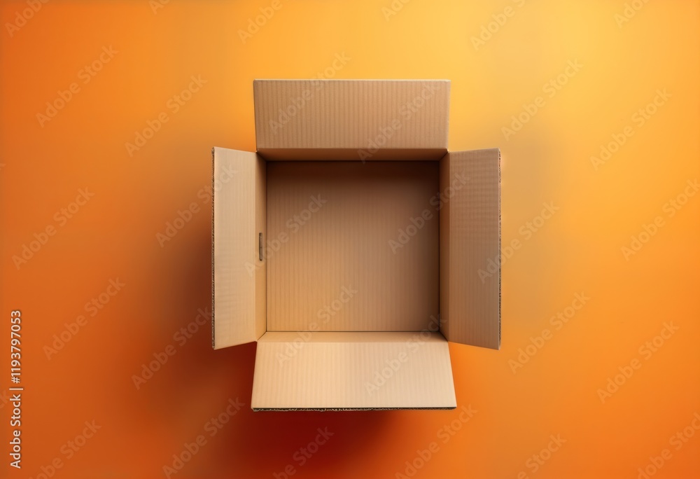 Poster empty cardboard box open top view against orange background. product packaging mock up. versatile de